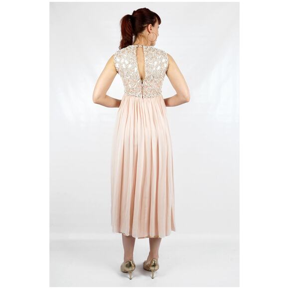 Vintage 60s Pink Silk Chiffon Maxi Dress Beaded Bodice Estelle Allardale | S/M - Picture 6 of 10